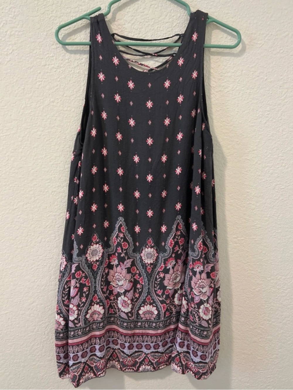 Aeropostale Black Tank Dress with Pink Floral Border and Lace-Back Straps